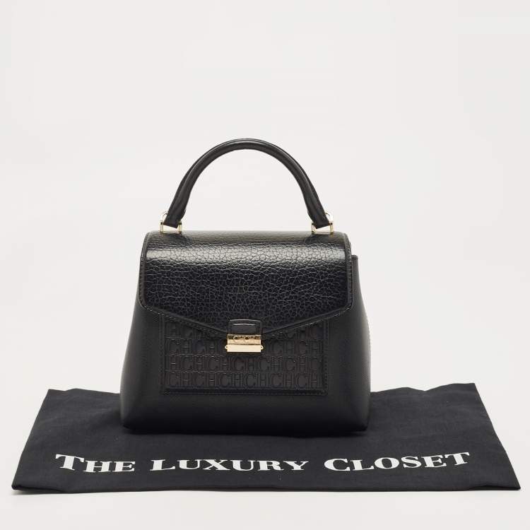 Pre Owned CH Carolina Herrera Black Monogram Embossed Leather Push Lock Flap Top Handle Bag
