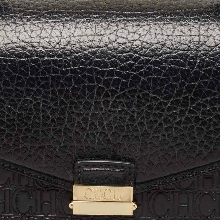 Pre Owned CH Carolina Herrera Black Monogram Embossed Leather Push Lock Flap Top Handle Bag