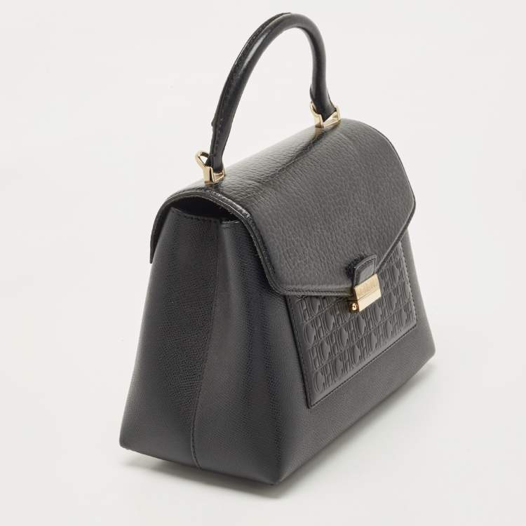 Pre Owned CH Carolina Herrera Black Monogram Embossed Leather Push Lock Flap Top Handle Bag