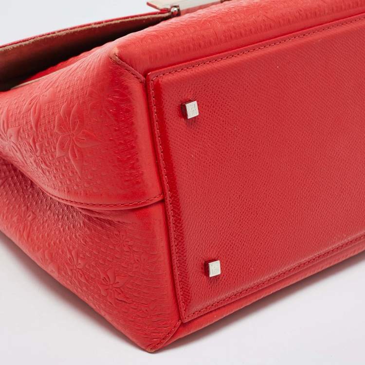 Pre Owned CH Carolina Herrera Red Embossed Leather and Patent Leather Top Handle Bag