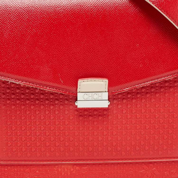 Pre Owned CH Carolina Herrera Red Embossed Leather and Patent Leather Top Handle Bag