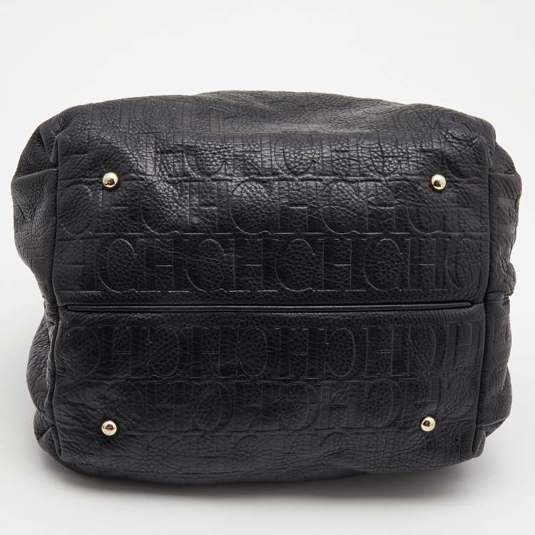 Pre Owned CH Carolina Herrera Black Embossed Leather Bow Bucket Shoulder Bag 