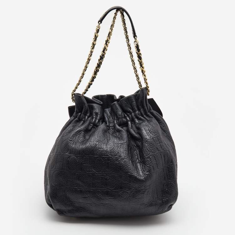 Pre Owned CH Carolina Herrera Black Embossed Leather Bow Bucket Shoulder Bag 