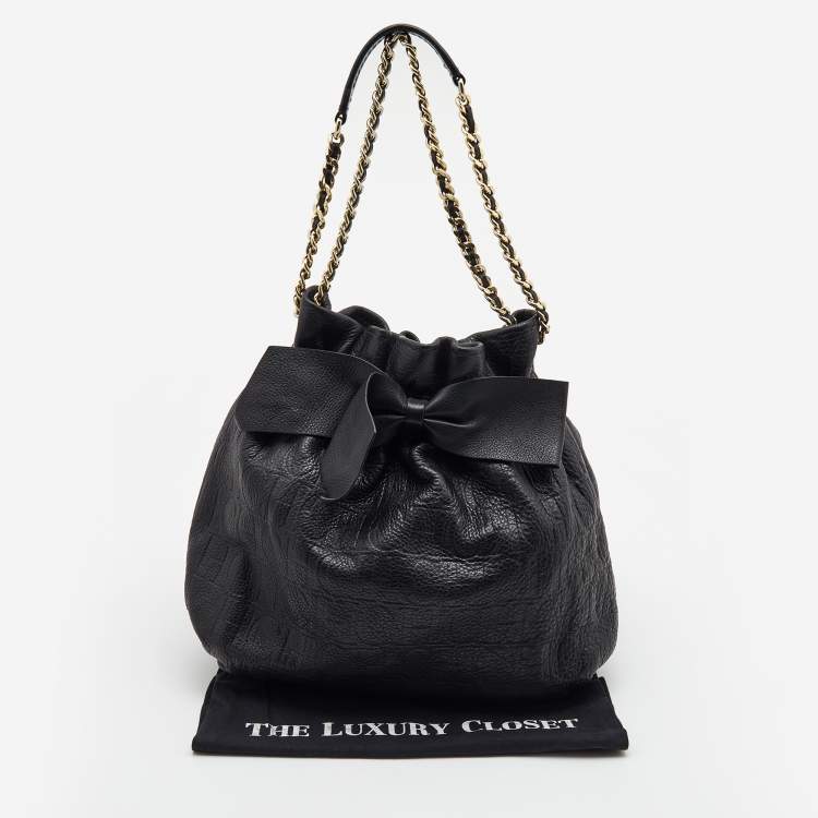 Pre Owned CH Carolina Herrera Black Embossed Leather Bow Bucket Shoulder Bag 