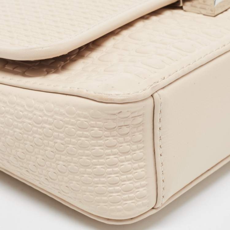 Pre Owned CH Carolina Herrera Light Beige Monogram Embossed Leather Shoulder Bag