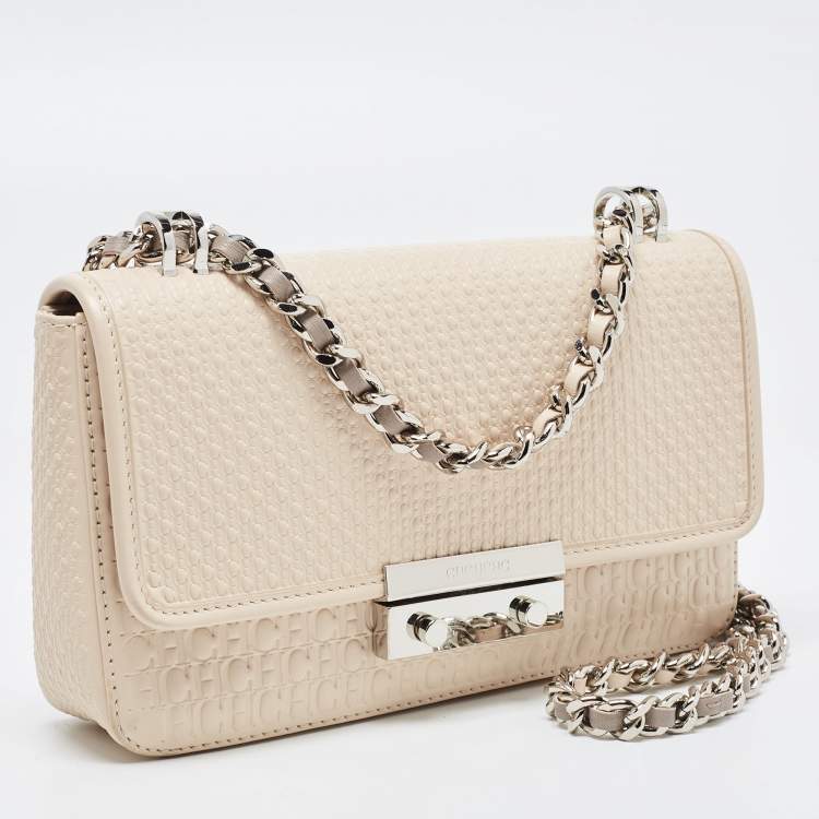 Pre Owned CH Carolina Herrera Light Beige Monogram Embossed Leather Shoulder Bag
