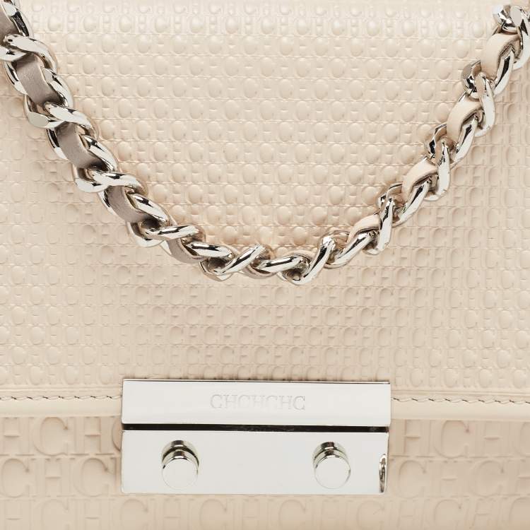 Pre Owned CH Carolina Herrera Light Beige Monogram Embossed Leather Shoulder Bag
