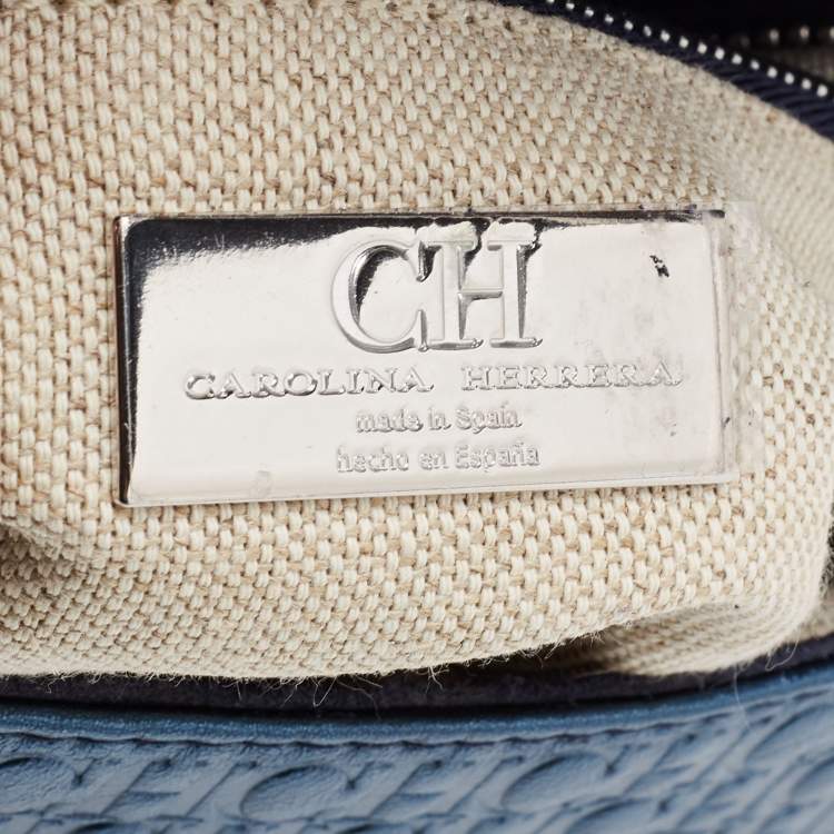 Pre Owned CH Carolina Herrera Metallic Navy Blue Monogram Embossed Leather Shoulder Bag