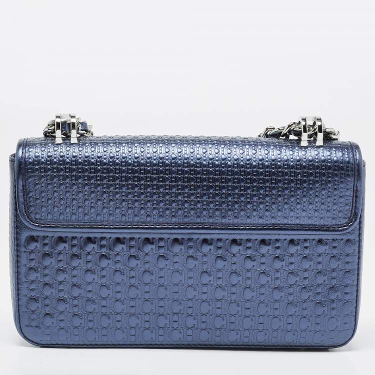 Pre Owned CH Carolina Herrera Metallic Navy Blue Monogram Embossed Leather Shoulder Bag