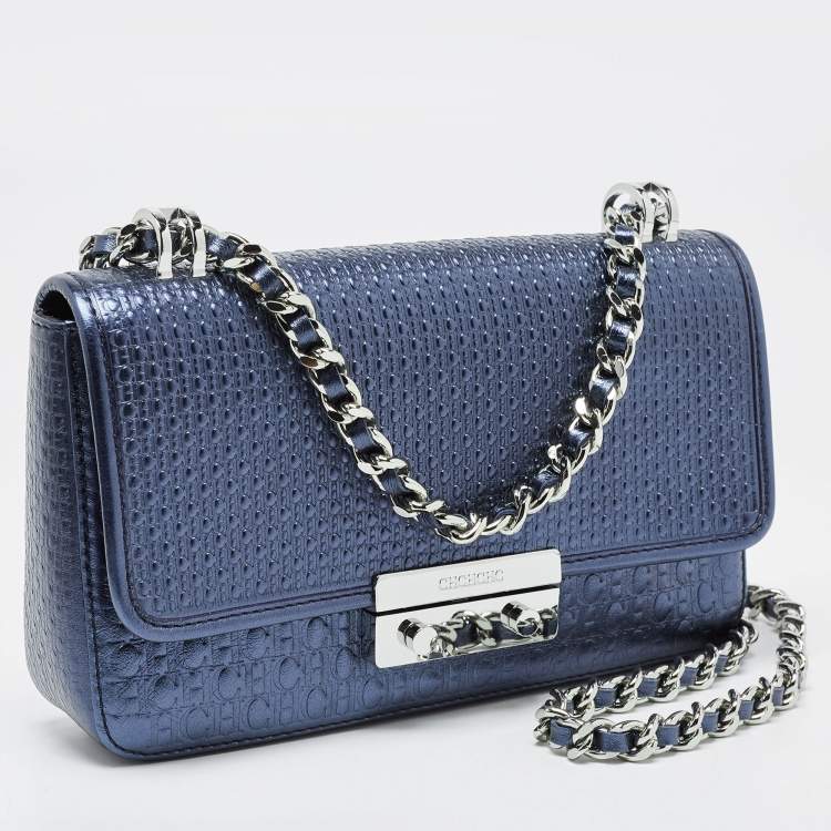 Pre Owned CH Carolina Herrera Metallic Navy Blue Monogram Embossed Leather Shoulder Bag