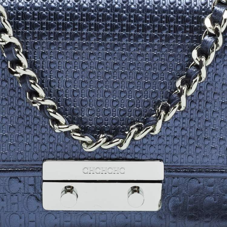 Pre Owned CH Carolina Herrera Metallic Navy Blue Monogram Embossed Leather Shoulder Bag