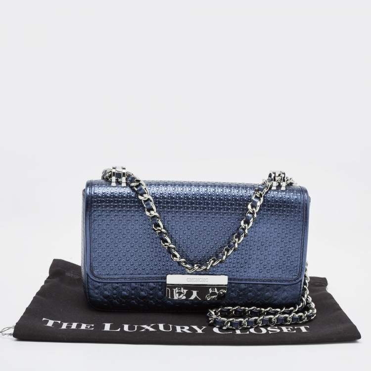 Pre Owned CH Carolina Herrera Metallic Navy Blue Monogram Embossed Leather Shoulder Bag