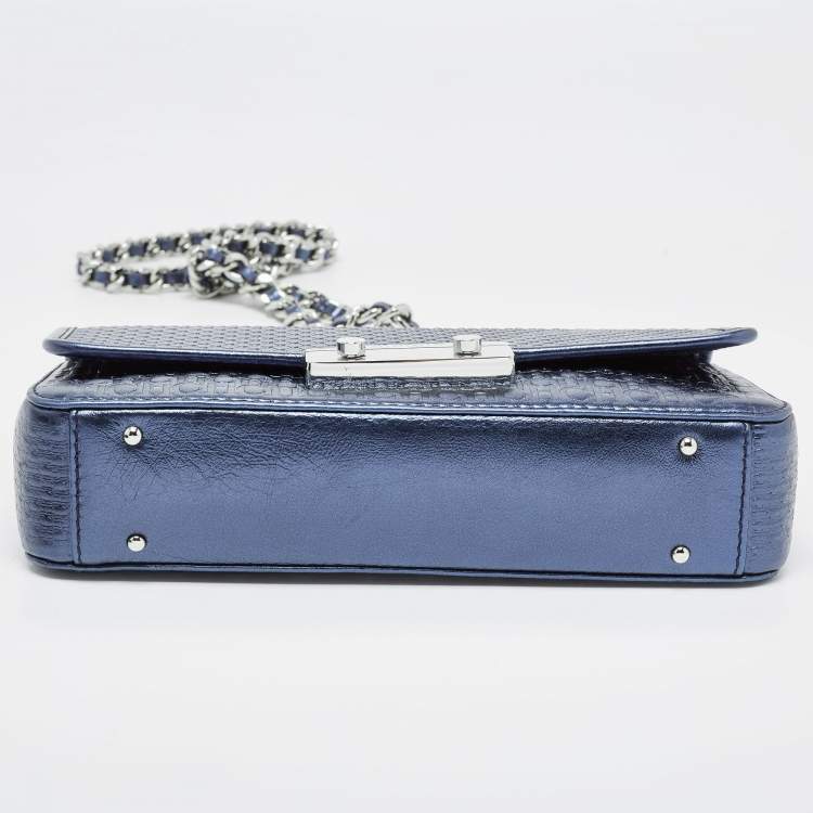 Pre Owned CH Carolina Herrera Metallic Navy Blue Monogram Embossed Leather Shoulder Bag