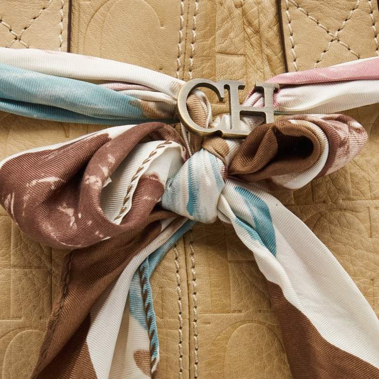 Pre Owned CH Carolina Herrera Beige Monogram Embossed Leather Scarf Tote