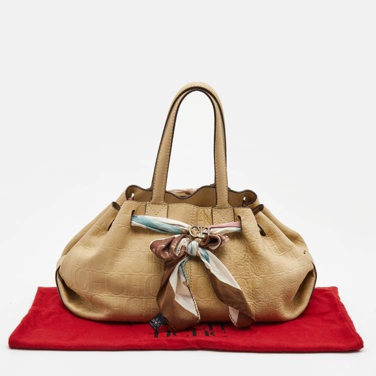 Pre Owned CH Carolina Herrera Beige Monogram Embossed Leather Scarf Tote