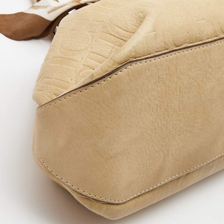 Pre Owned CH Carolina Herrera Beige Monogram Embossed Leather Scarf Tote