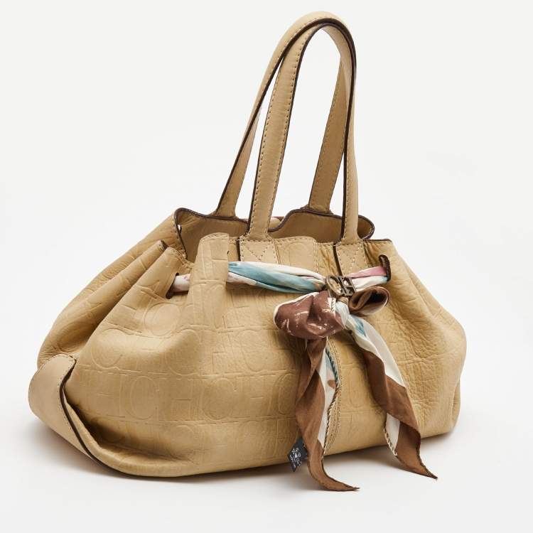 Pre Owned CH Carolina Herrera Beige Monogram Embossed Leather Scarf Tote