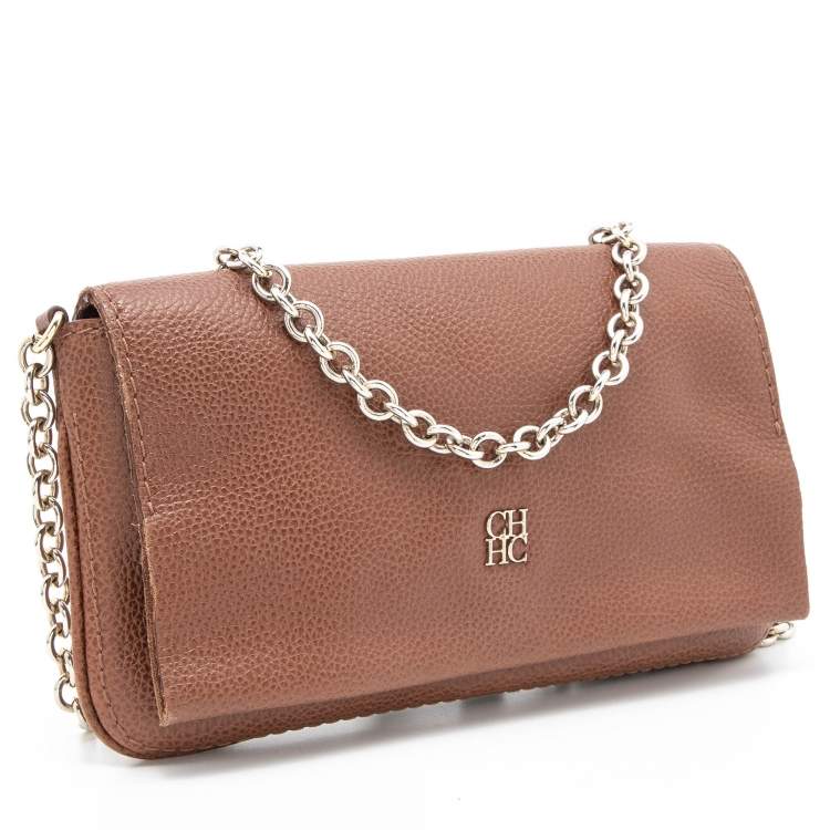 Pre Owned CH Carolina Herrera Brown Leather Chain Flap Shoulder Bag
