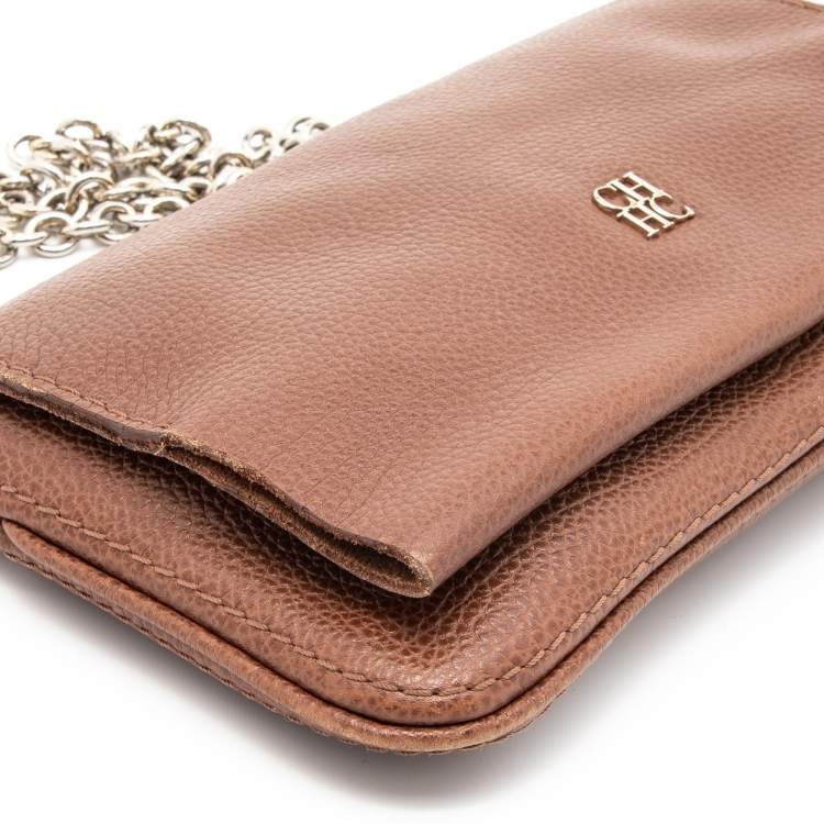 Pre Owned CH Carolina Herrera Brown Leather Chain Flap Shoulder Bag