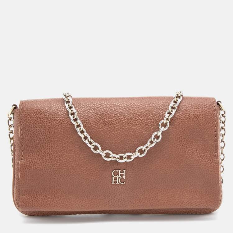 Pre Owned CH Carolina Herrera Brown Leather Chain Flap Shoulder Bag