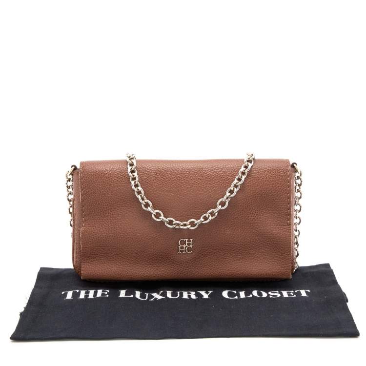 Pre Owned CH Carolina Herrera Brown Leather Chain Flap Shoulder Bag