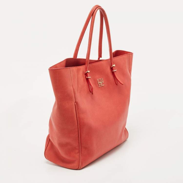 Pre Owned CH Carolina Herrera Red Monogram Leather Horizontal Shopper Tote