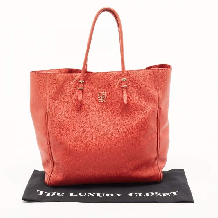Pre Owned CH Carolina Herrera Red Monogram Leather Horizontal Shopper Tote