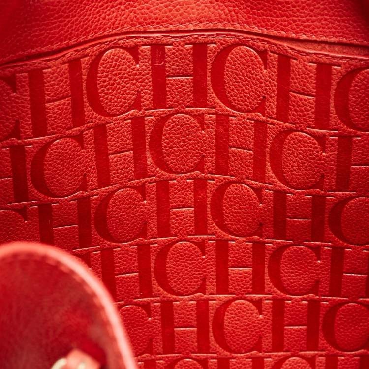 Pre Owned CH Carolina Herrera Red Monogram Leather Horizontal Shopper Tote