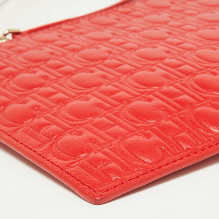 Pre Owned CH Carolina Herrera Red Monogram Embossed Leather Zip Wristlet Pouch