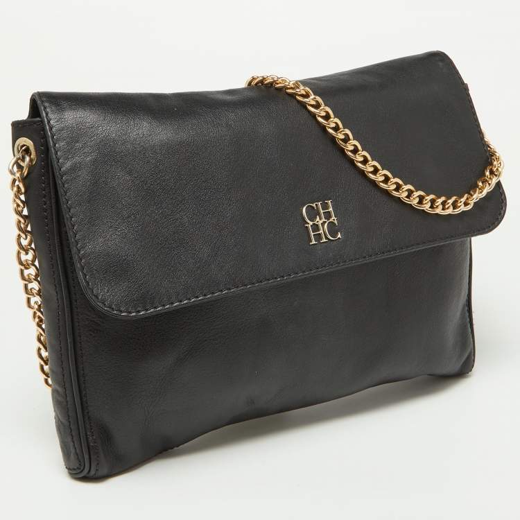 Pre Owned CH Carolina Herrera Black Leather Flap Shoulder Bag