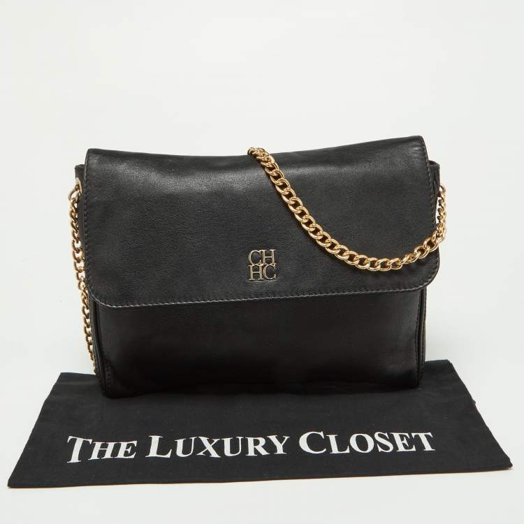 Pre Owned CH Carolina Herrera Black Leather Flap Shoulder Bag