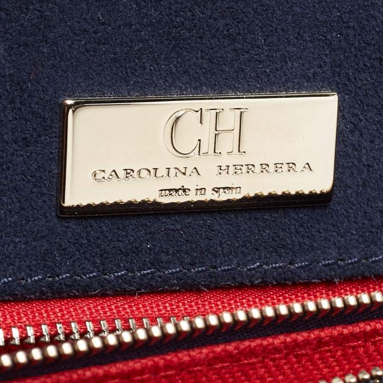 Pre Owned Carolina Herrera Navy Blue Monogram Leather Pushlock Top Handle Bag