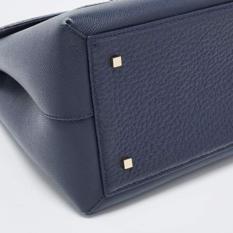 Pre Owned Carolina Herrera Navy Blue Monogram Leather Pushlock Top Handle Bag