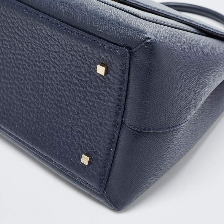 Pre Owned Carolina Herrera Navy Blue Monogram Leather Pushlock Top Handle Bag