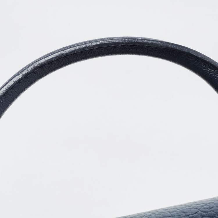 Pre Owned Carolina Herrera Navy Blue Monogram Leather Pushlock Top Handle Bag