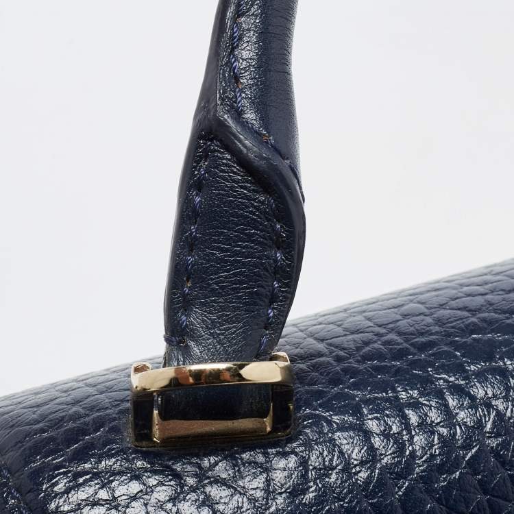 Pre Owned Carolina Herrera Navy Blue Monogram Leather Pushlock Top Handle Bag