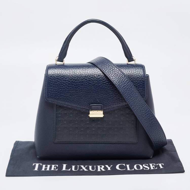Pre Owned Carolina Herrera Navy Blue Monogram Leather Pushlock Top Handle Bag