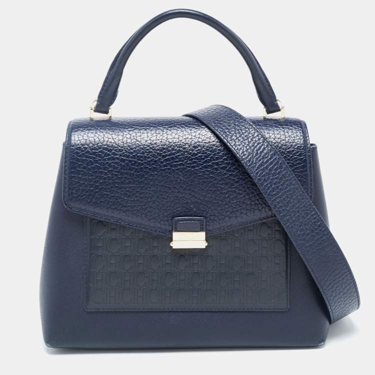 Pre Owned Carolina Herrera Navy Blue Monogram Leather Pushlock Top Handle Bag