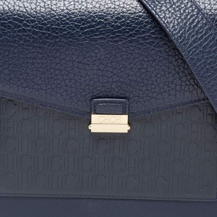 Pre Owned Carolina Herrera Navy Blue Monogram Leather Pushlock Top Handle Bag