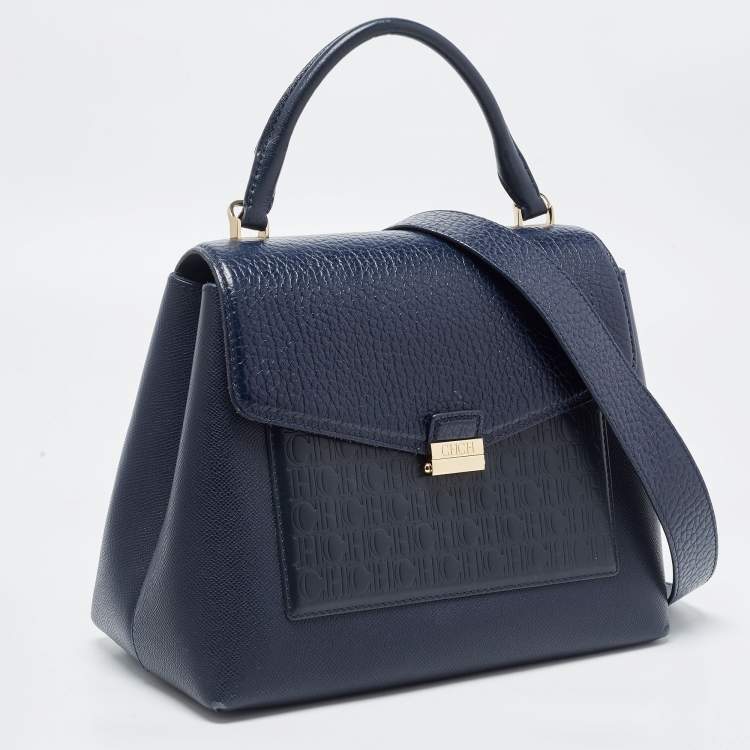 Pre Owned Carolina Herrera Navy Blue Monogram Leather Pushlock Top Handle Bag