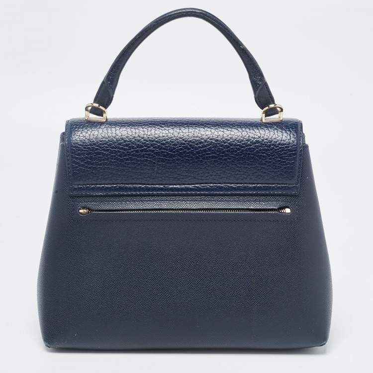 Pre Owned Carolina Herrera Navy Blue Monogram Leather Pushlock Top Handle Bag