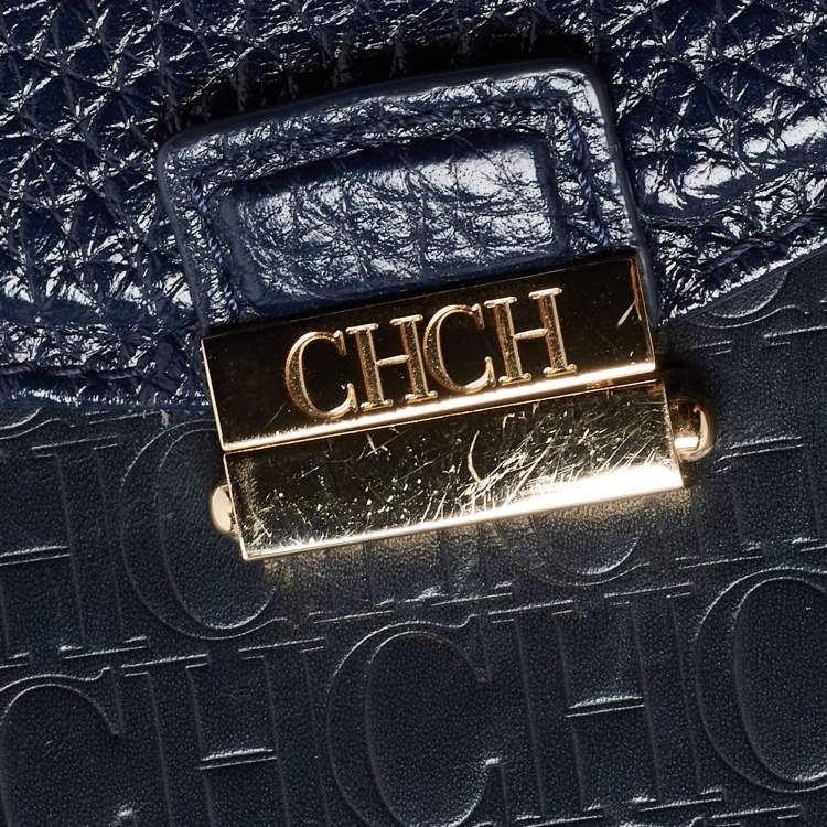 Pre Owned Carolina Herrera Navy Blue Monogram Leather Pushlock Top Handle Bag