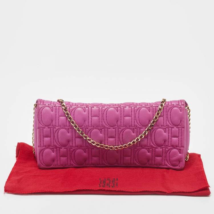 Pre Owned CH Carolina Herrera Pink Monogram Leather Jerry Chain Clutch 