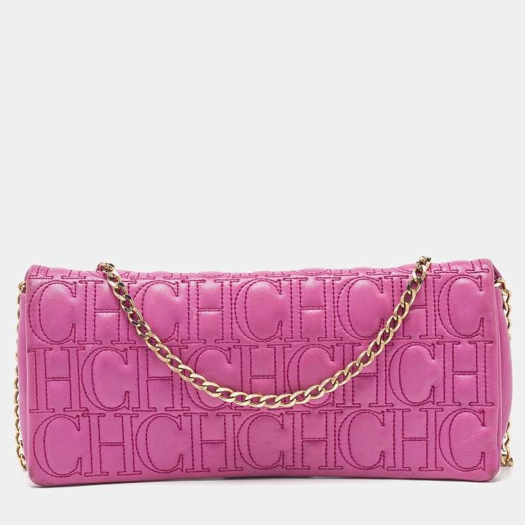 Pre Owned CH Carolina Herrera Pink Monogram Leather Jerry Chain Clutch 