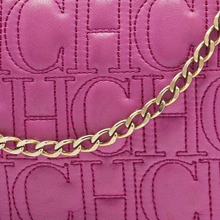 Pre Owned CH Carolina Herrera Pink Monogram Leather Jerry Chain Clutch 