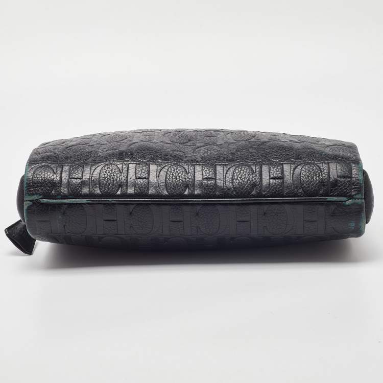 Pre Owned CH Carolina Herrera Black Monogram Leather Shoulder Bag
