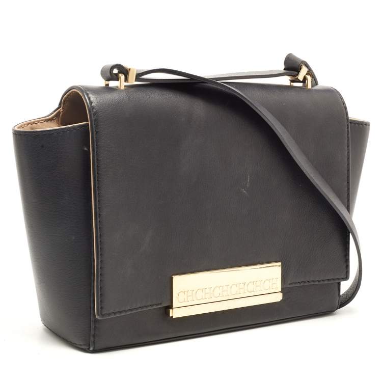 Pre Owned CH Carolina Herrera Black Leather Logo Metal Flap Shoulder Bag