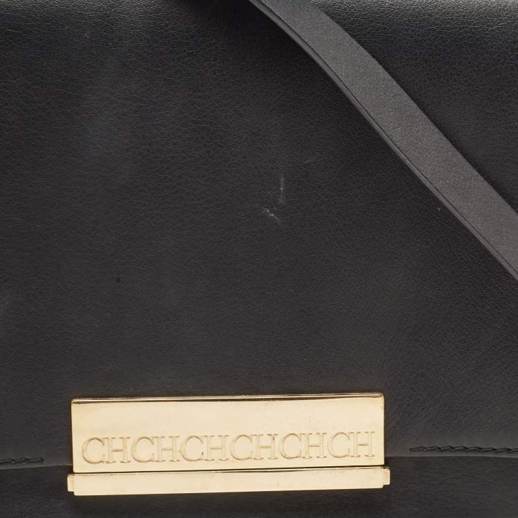 Pre Owned CH Carolina Herrera Black Leather Logo Metal Flap Shoulder Bag