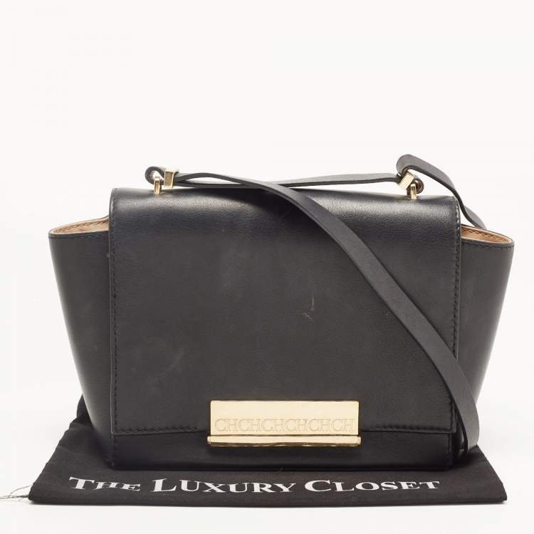 Pre Owned CH Carolina Herrera Black Leather Logo Metal Flap Shoulder Bag