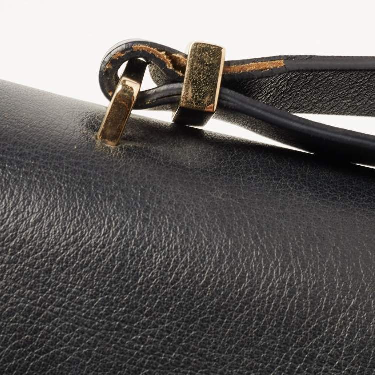 Pre Owned CH Carolina Herrera Black Leather Logo Metal Flap Shoulder Bag